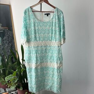 Elegant Lace Overlay Dress in Aqua and White 18